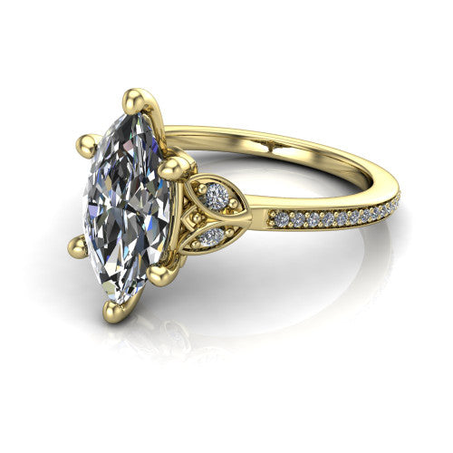 Lena marquise solitaire engagement ring in 18K Yellow Gold, three-quarter perspective showing the marquise center diamond above a pave band