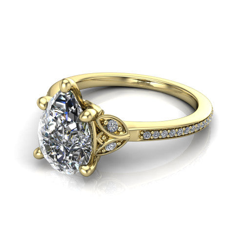 Lena pear solitaire engagement ring in 14K Yellow Gold, three-quarter perspective showing the pear center diamond above a pave band