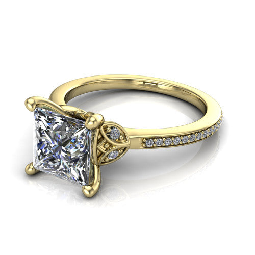 Lena princess solitaire engagement ring in 14K Yellow Gold, three-quarter perspective showing the princess center diamond above a pave band