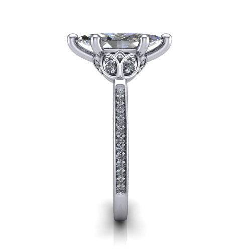 Lena marquise solitaire engagement ring in Platinum, side profile showing the petal basket and pave band