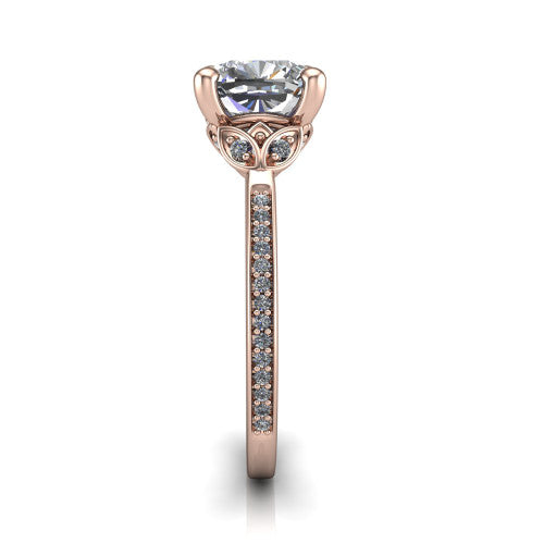 Lena cushion solitaire engagement ring in 18K Rose Gold, side profile showing the petal basket and pave band