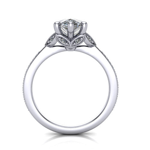 Lena pear solitaire engagement ring in 14K White Gold, through-finger front profile showing the petal-inspired basket