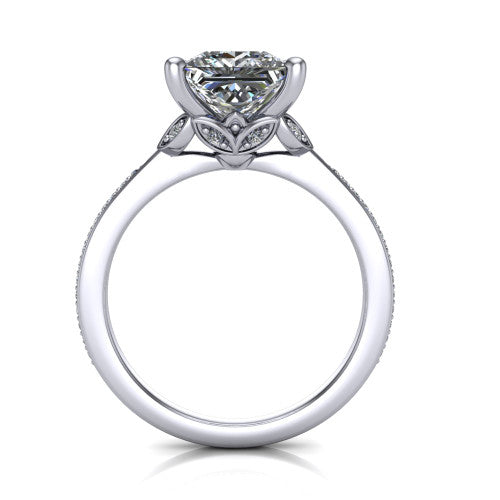 Lena princess solitaire engagement ring in Platinum, through-finger front profile showing the petal-inspired basket