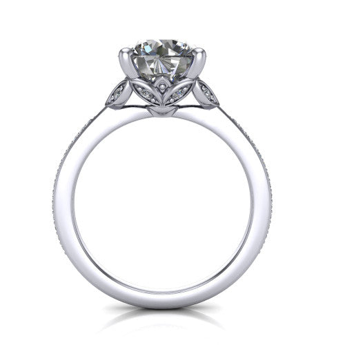 Lena round solitaire engagement ring in 18K White Gold, through-finger front profile showing the petal-inspired basket