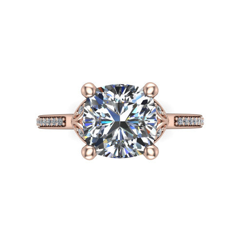 Lena cushion solitaire engagement ring in 18K Rose Gold, top-down view showing the four-prong cushion center diamond
