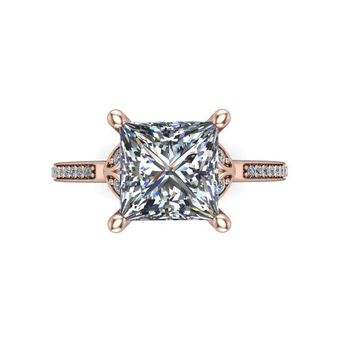 Lena princess solitaire engagement ring in 14K Rose Gold, top-down view showing the four-prong princess center diamond
