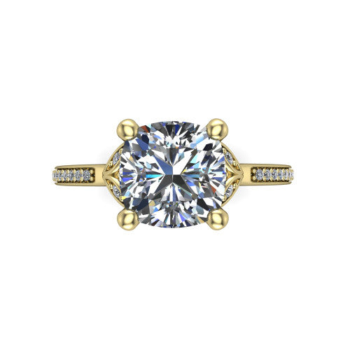 Lena cushion solitaire engagement ring in 18K Yellow Gold, top-down view showing the four-prong cushion center diamond