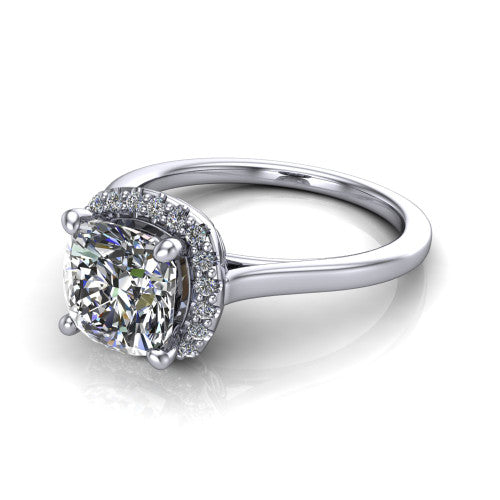Dakota cushion halo engagement ring in 14K White Gold, three-quarter perspective showing the cushion center diamond in a pave halo above a polished band