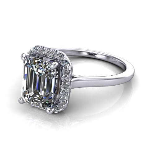 Dakota emerald halo engagement ring in 14K White Gold, three-quarter perspective showing the emerald center diamond in a pave halo above a polished band