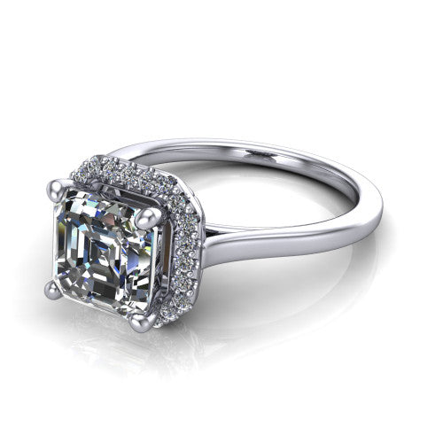 Dakota square emerald halo engagement ring in 18K White Gold, three-quarter perspective showing the square emerald center diamond in a pave halo above a polished band