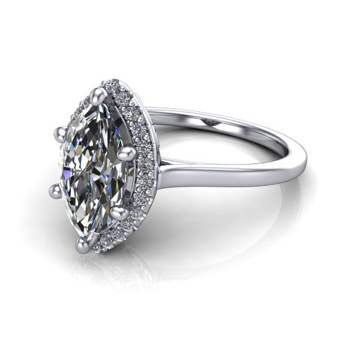 Dakota marquise halo engagement ring in 18K White Gold, three-quarter perspective showing the marquise center diamond in a pave halo above a polished band