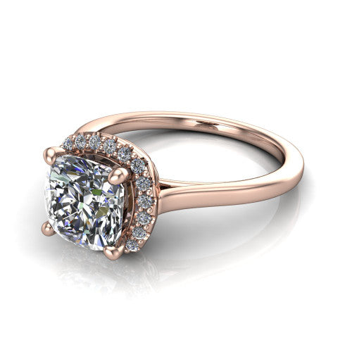 Dakota cushion halo engagement ring in 14K Rose Gold, three-quarter perspective showing the cushion center diamond in a pave halo above a polished band