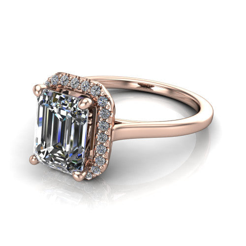 Dakota emerald halo engagement ring in 14K Rose Gold, three-quarter perspective showing the emerald center diamond in a pave halo above a polished band