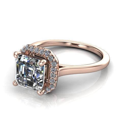 Dakota square emerald halo engagement ring in 14K Rose Gold, three-quarter perspective showing the square emerald center diamond in a pave halo above a polished band