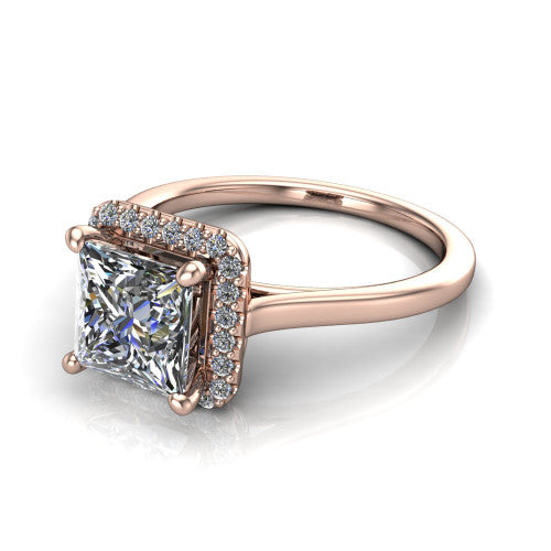 Dakota princess halo engagement ring in 14K Rose Gold, three-quarter perspective showing the princess center diamond in a pave halo above a polished band