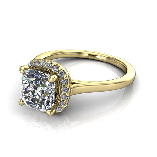 Dakota cushion halo engagement ring in 14K Yellow Gold, three-quarter perspective showing the cushion center diamond in a pave halo above a polished band