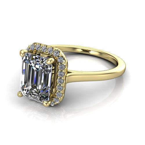 Dakota emerald halo engagement ring in 14K Yellow Gold, three-quarter perspective showing the emerald center diamond in a pave halo above a polished band