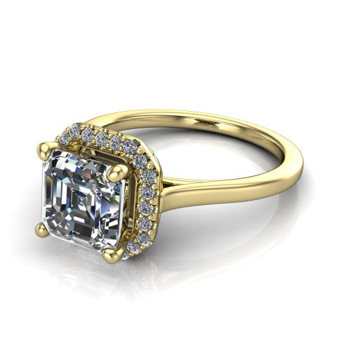 Dakota square emerald halo engagement ring in 14K Yellow Gold, three-quarter perspective showing the square emerald center diamond in a pave halo above a polished band