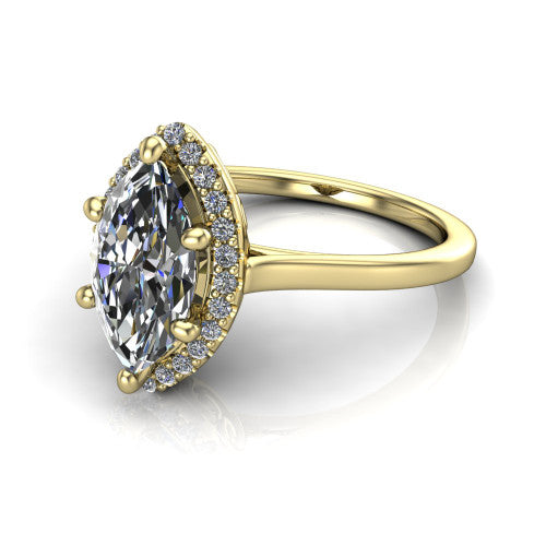 Dakota marquise halo engagement ring in 14K Yellow Gold, three-quarter perspective showing the marquise center diamond in a pave halo above a polished band
