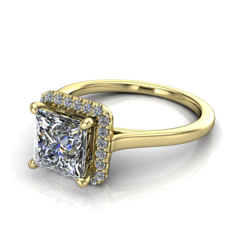 Dakota princess halo engagement ring in 14K Yellow Gold, three-quarter perspective showing the princess center diamond in a pave halo above a polished band