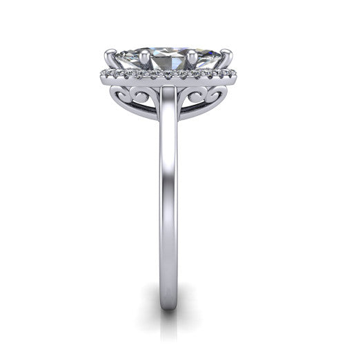 Dakota marquise halo engagement ring in Platinum, side profile showing the scrollwork basket gallery and polished band