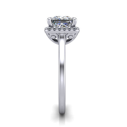 Dakota princess halo engagement ring in 18K White Gold, side profile showing the scrollwork basket gallery and polished band