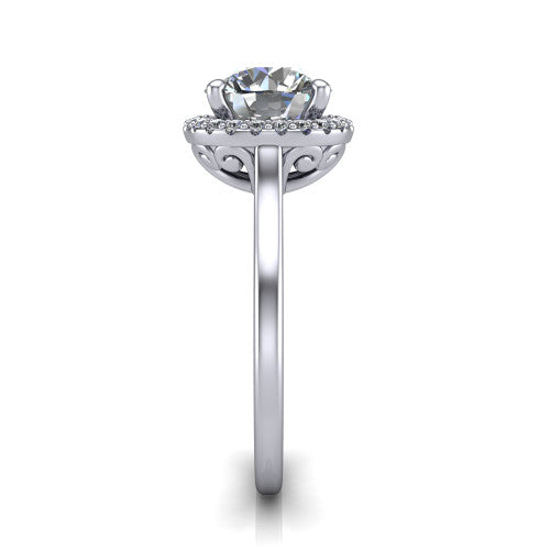 Dakota round halo engagement ring in 14K White Gold, side profile showing the scrollwork basket gallery and polished band