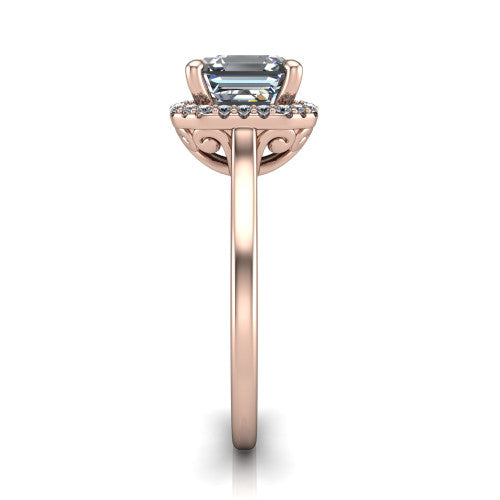 Dakota square emerald halo engagement ring in 14K Rose Gold, side profile showing the scrollwork basket gallery and polished band