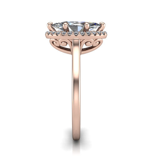 Dakota marquise halo engagement ring in 18K Rose Gold, side profile showing the scrollwork basket gallery and polished band