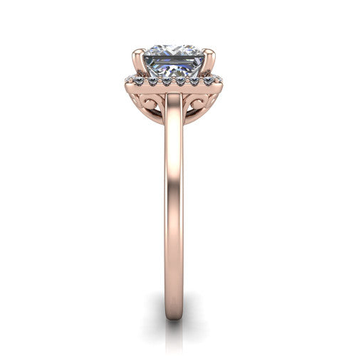 Dakota princess halo engagement ring in 18K Rose Gold, side profile showing the scrollwork basket gallery and polished band