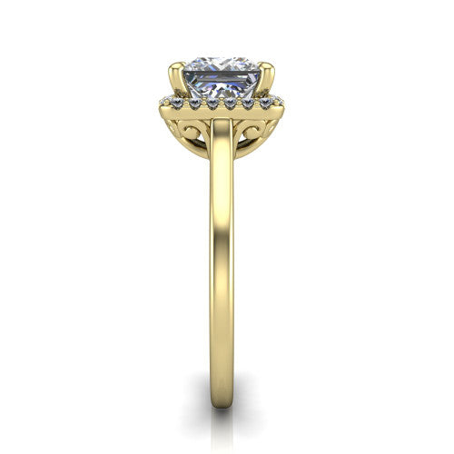 Dakota princess halo engagement ring in 18K Yellow Gold, side profile showing the scrollwork basket gallery and polished band