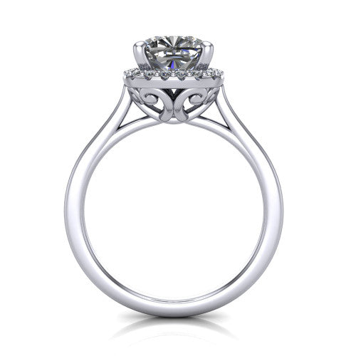 Dakota cushion halo engagement ring in 18K White Gold, through-finger front profile showing the scrollwork openwork basket