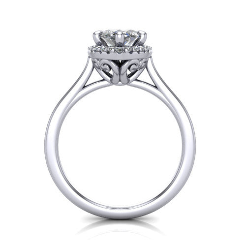 Dakota marquise halo engagement ring in 14K White Gold, through-finger front profile showing the scrollwork openwork basket