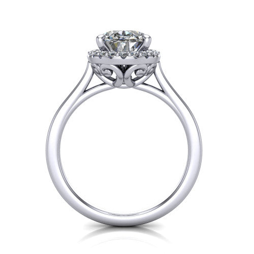 Dakota oval halo engagement ring in 14K White Gold, through-finger front profile showing the scrollwork openwork basket