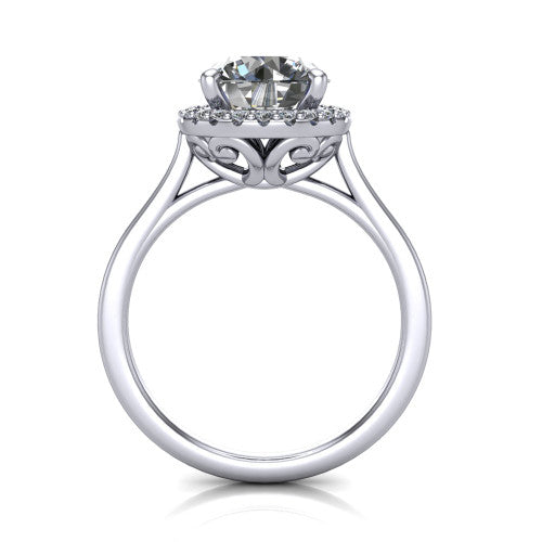 Dakota round halo engagement ring in 14K White Gold, through-finger front profile showing the scrollwork openwork basket