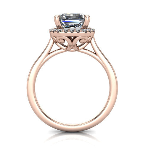 Dakota square emerald halo engagement ring in 18K Rose Gold, through-finger front profile showing the scrollwork openwork basket
