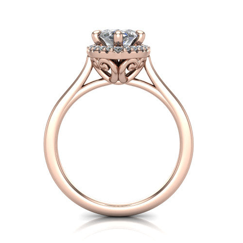 Dakota marquise halo engagement ring in 14K Rose Gold, through-finger front profile showing the scrollwork openwork basket