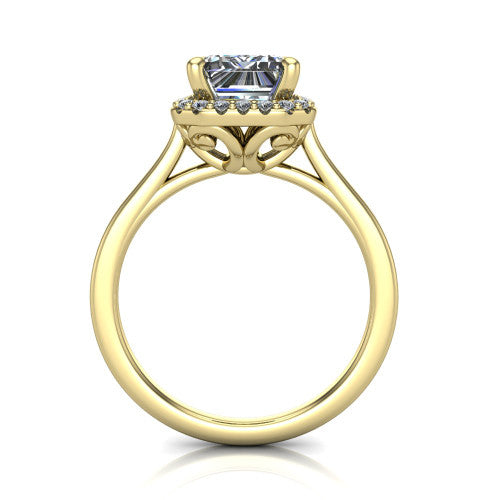 Dakota emerald halo engagement ring in 18K Yellow Gold, through-finger front profile showing the scrollwork openwork basket