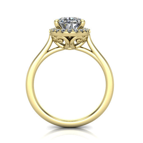 Dakota oval halo engagement ring in 18K Yellow Gold, through-finger front profile showing the scrollwork openwork basket