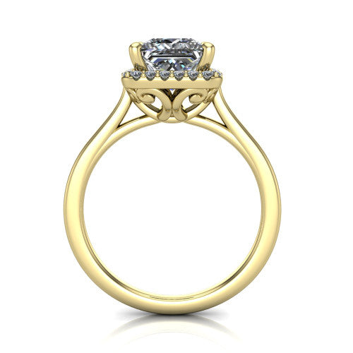 Dakota princess halo engagement ring in 18K Yellow Gold, through-finger front profile showing the scrollwork openwork basket