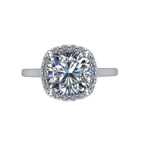 Dakota cushion halo engagement ring in Platinum, top-down view showing the cushion center diamond framed by a pave halo