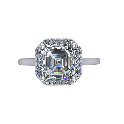 Dakota square emerald halo engagement ring in 18K White Gold, top-down view showing the square emerald center diamond framed by a pave halo