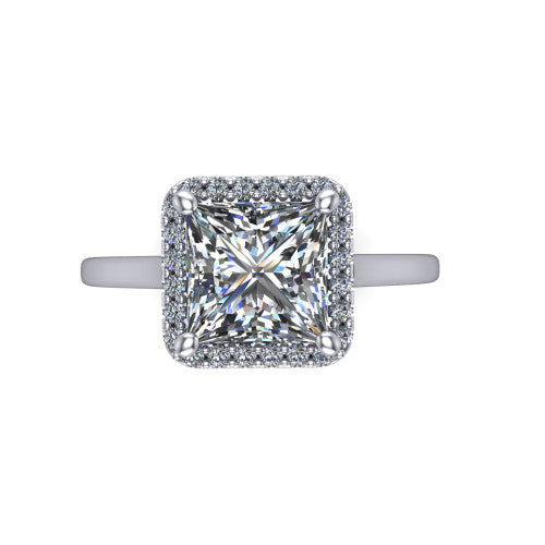 Dakota princess halo engagement ring in Platinum, top-down view showing the princess center diamond framed by a pave halo