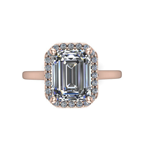 Dakota emerald halo engagement ring in 14K Rose Gold, top-down view showing the emerald center diamond framed by a pave halo