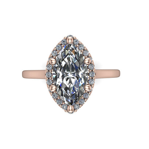 Dakota marquise halo engagement ring in 18K Rose Gold, top-down view showing the marquise center diamond framed by a pave halo