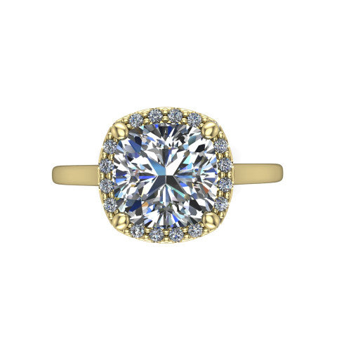 Dakota cushion halo engagement ring in 14K Yellow Gold, top-down view showing the cushion center diamond framed by a pave halo