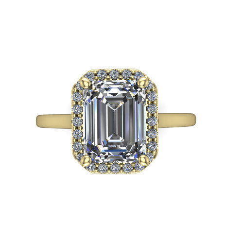 Dakota emerald halo engagement ring in 18K Yellow Gold, top-down view showing the emerald center diamond framed by a pave halo