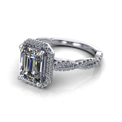 Dahlia Emerald Shape Halo Engagement Ring in Platinum