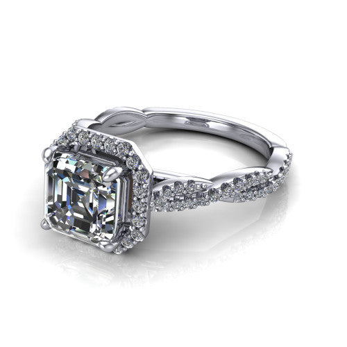 Dahlia Square Emerald Shape Halo Engagement Ring in 14K White Gold