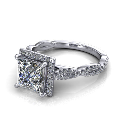 Dahlia Princess Shape Halo Engagement Ring in 14K White Gold